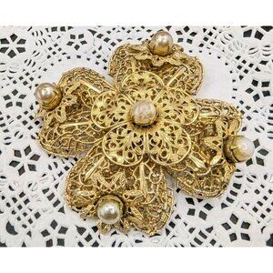 Vtg Brooch Filigree Maltese Cross Faux Pearls Possibly unmarked Miriam Haskell